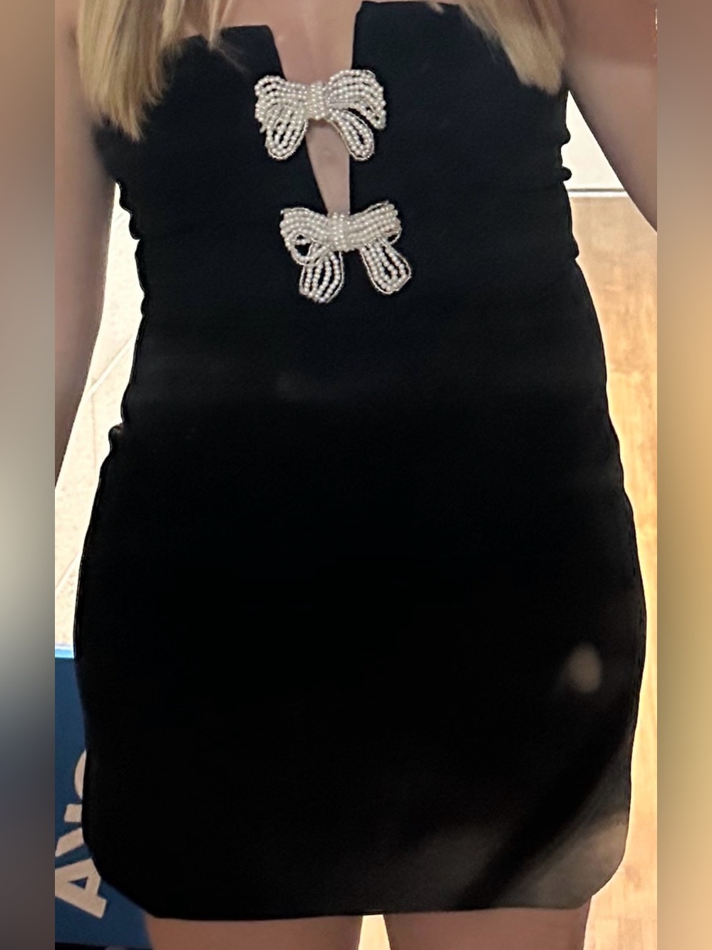 Lulu's Black Strapless Mini Dress with Pearl Bow Embellishments
